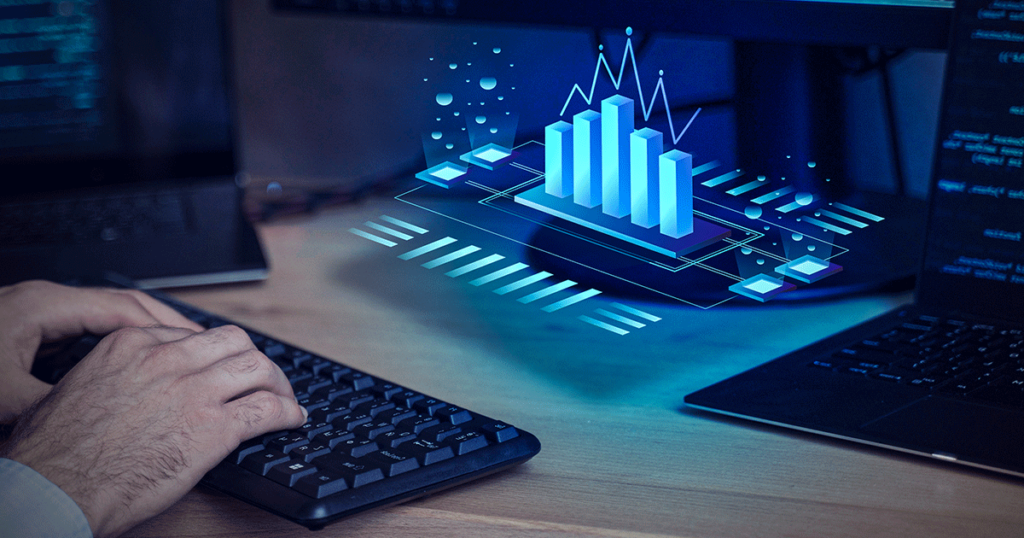 Pessoa utilizando ferramentas digitais com gráficos de crescimento, representando dicas para vender mais e melhorar os resultados de uma loja autônoma.