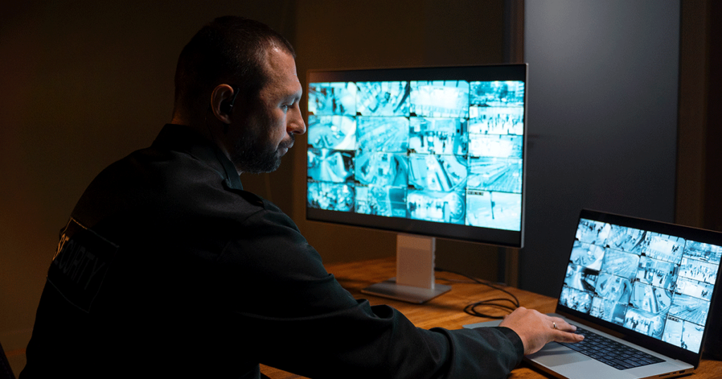 Profissional de segurança analisando imagens de câmeras em tempo real para garantir proteção e prevenção em ambientes monitorados.