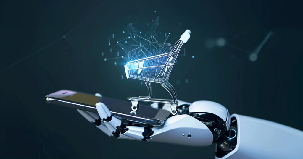 Mão robótica segurando um smartphone com um carrinho de compras digital, representando o uso da inteligência artificial na automação do varejo.