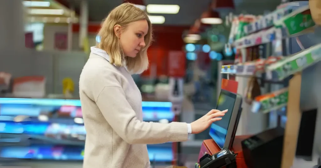 Mulher interagindo com tela de autoatendimento em supermercado, representando a eficiência do autoatendimento em supermercados.