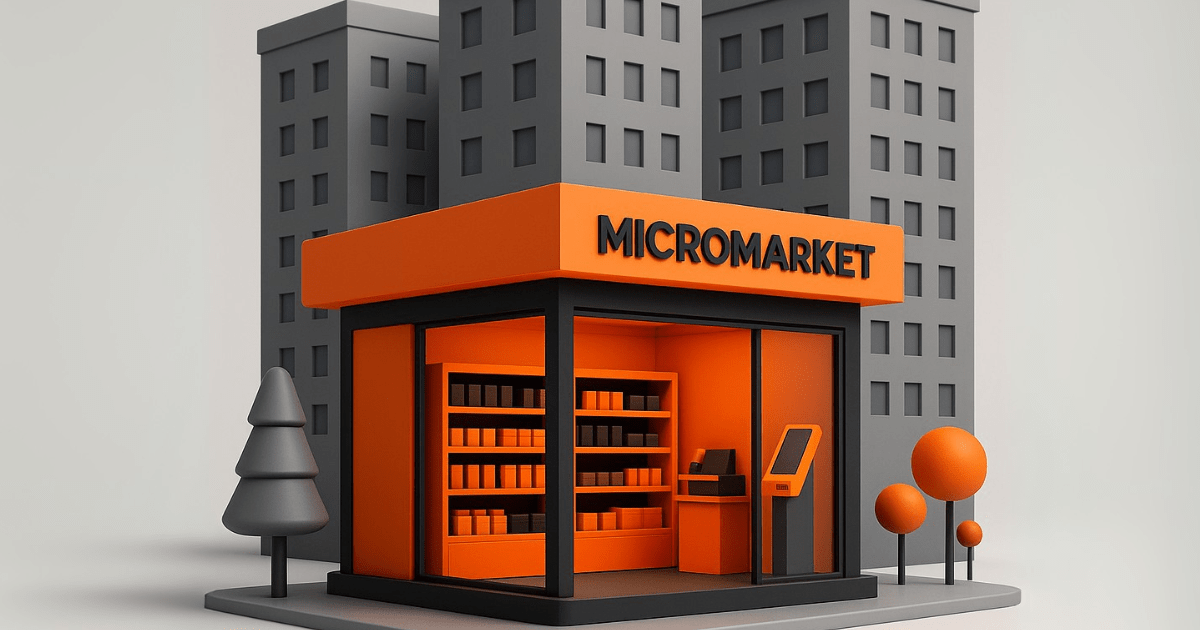 Imagem 3D de um micromarket autônomo com fachada laranja e preta em condomínio, destacando conceito de loja automatizada.