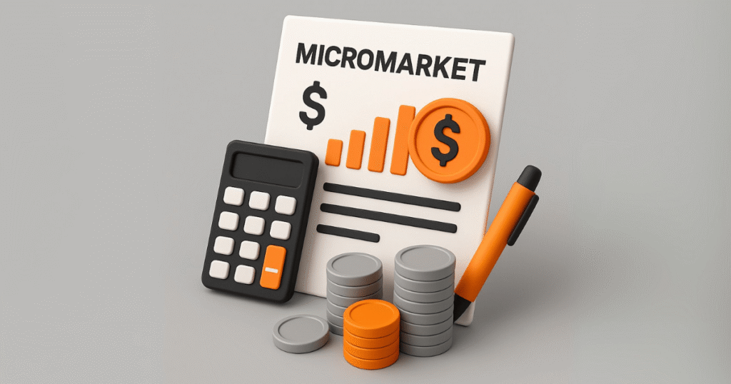 Imagem 3D mostrando elementos de planejamento financeiro, como calculadora, moedas e gráficos, relacionados ao investimento em micromarket.