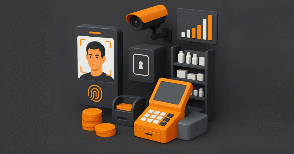 Imagem 3D de tecnologias aplicadas a micromarket, incluindo reconhecimento facial, câmera de segurança, terminal POS e controle de acesso.
