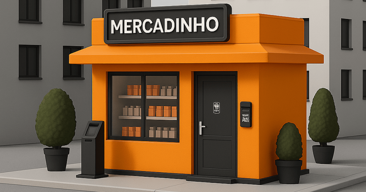 Imagem 3D de um mercadinho autônomo localizado em condomínio de prédios, nas cores laranja, cinza e preto.