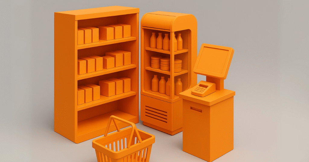 Ilustração 3D da estrutura física de um mercadinho autônomo, com estantes, refrigerador e terminal de autoatendimento em cores laranja.
