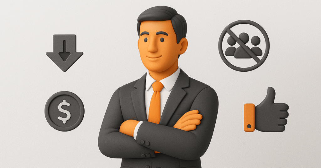 Ilustração 3D de um empreendedor representando as vantagens do mercadinho autônomo, com elementos nas cores laranja, cinza e preto.