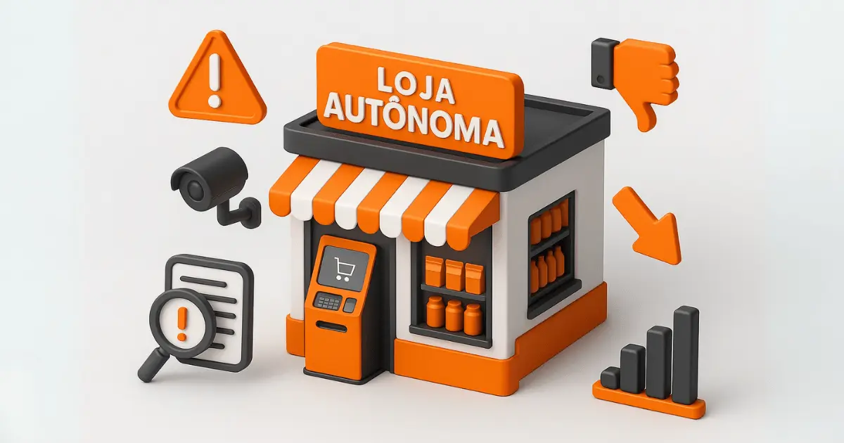 Ilustração 3D mostrando uma loja autônoma com elementos de tecnologia e destaque para erros em lojas autônomas, simbolizando falhas de operação e oportunidades de correção.