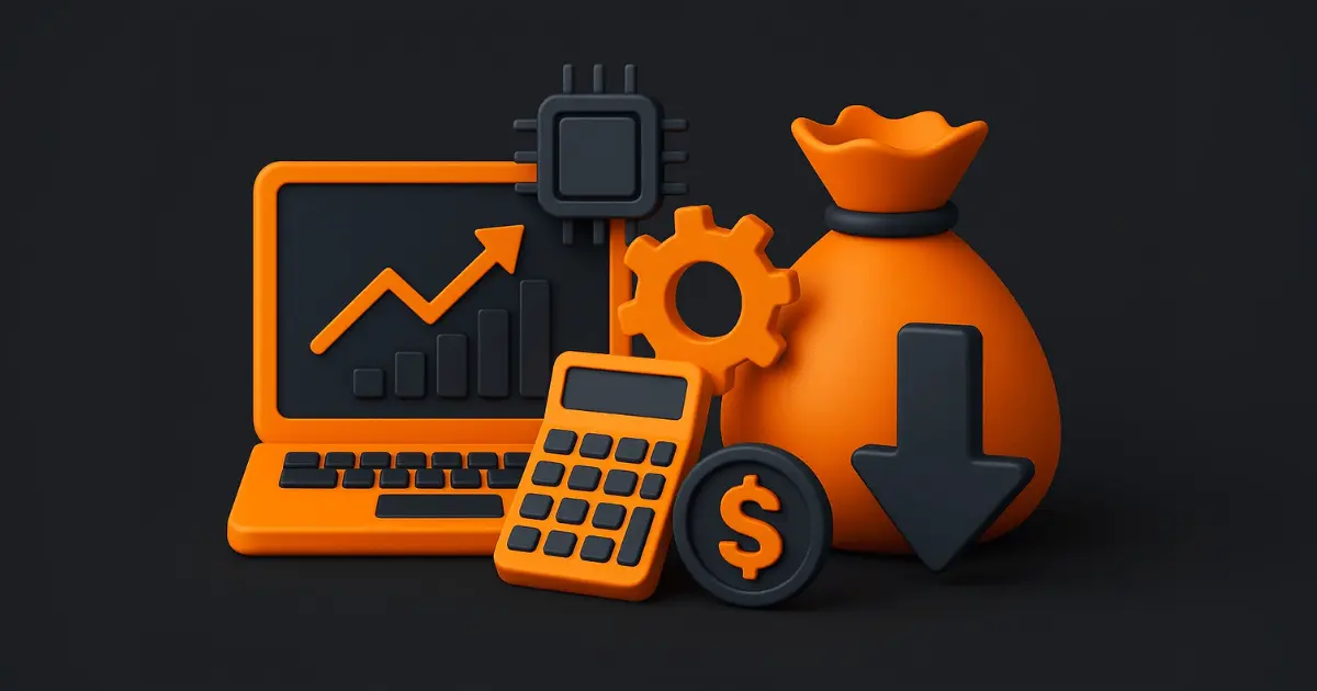 Ilustração 3D com elementos tecnológicos e empresariais em tons laranja e cinza escuro, representando inovação e estratégias para reduzir custos operacionais