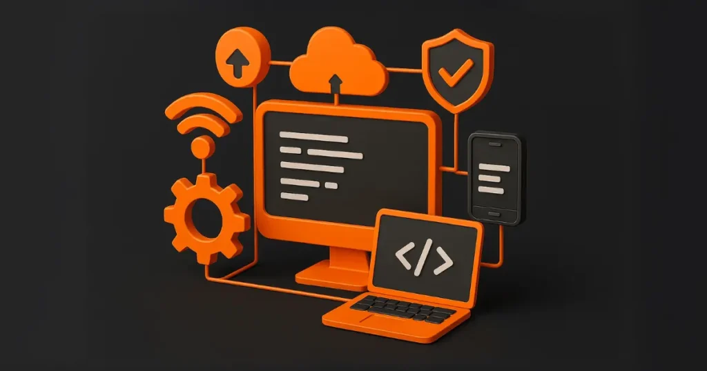 Ilustração 3D de um sistema integrado com elementos tecnológicos que simbolizam eficiência e automação, representando como a tecnologia pode reduzir custos operacionais em empresas.