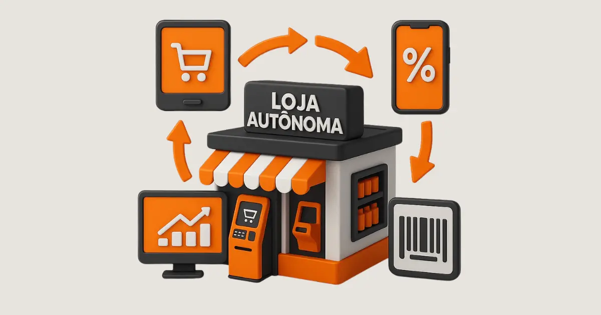 Ilustração 3D em laranja, preto e cinza mostrando loja autônoma conectada a dispositivos digitais como smartphone, tablet e computador, representando a integração física e digital no varejo.