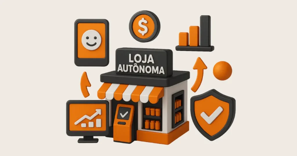 Ilustração 3D em tons de laranja, preto e cinza representando benefícios do omnichannel em lojas autônomas, com ícones de gráfico de crescimento, segurança, satisfação do cliente e eficiência.