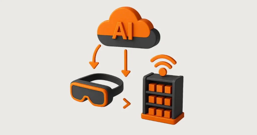 Ilustração 3D em laranja, preto e cinza mostrando loja autônoma cercada por ícones de inteligência artificial, realidade aumentada e inovação digital, representando tendências futuras do omnichannel.