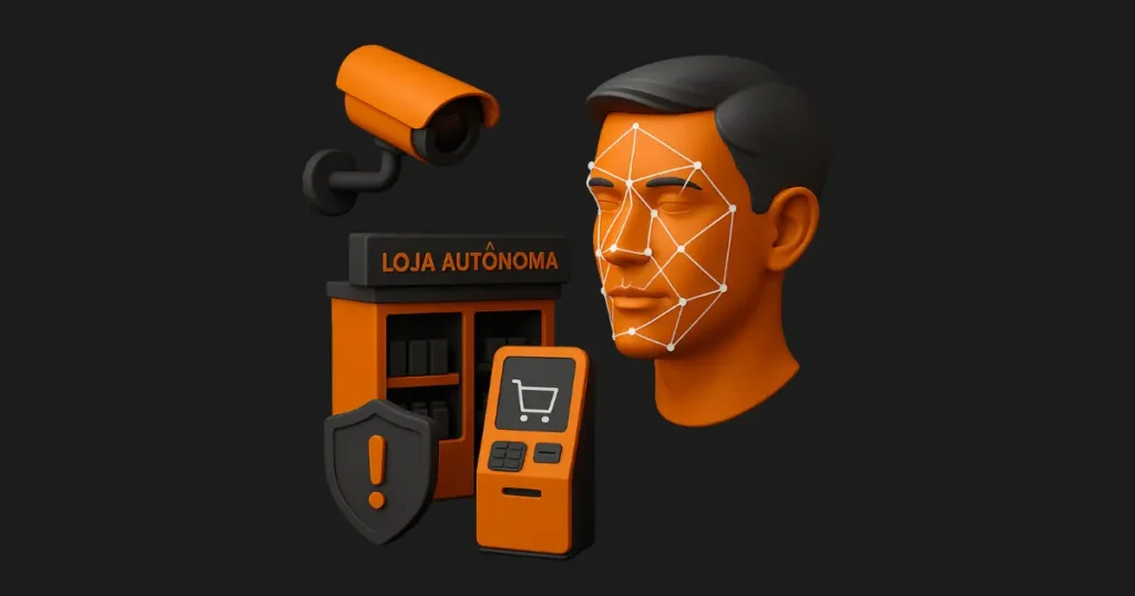 Ilustração 3D em fundo escuro com ícones de reconhecimento facial, câmera de segurança e loja autônoma, representando vantagens e cuidados legais da tecnologia.