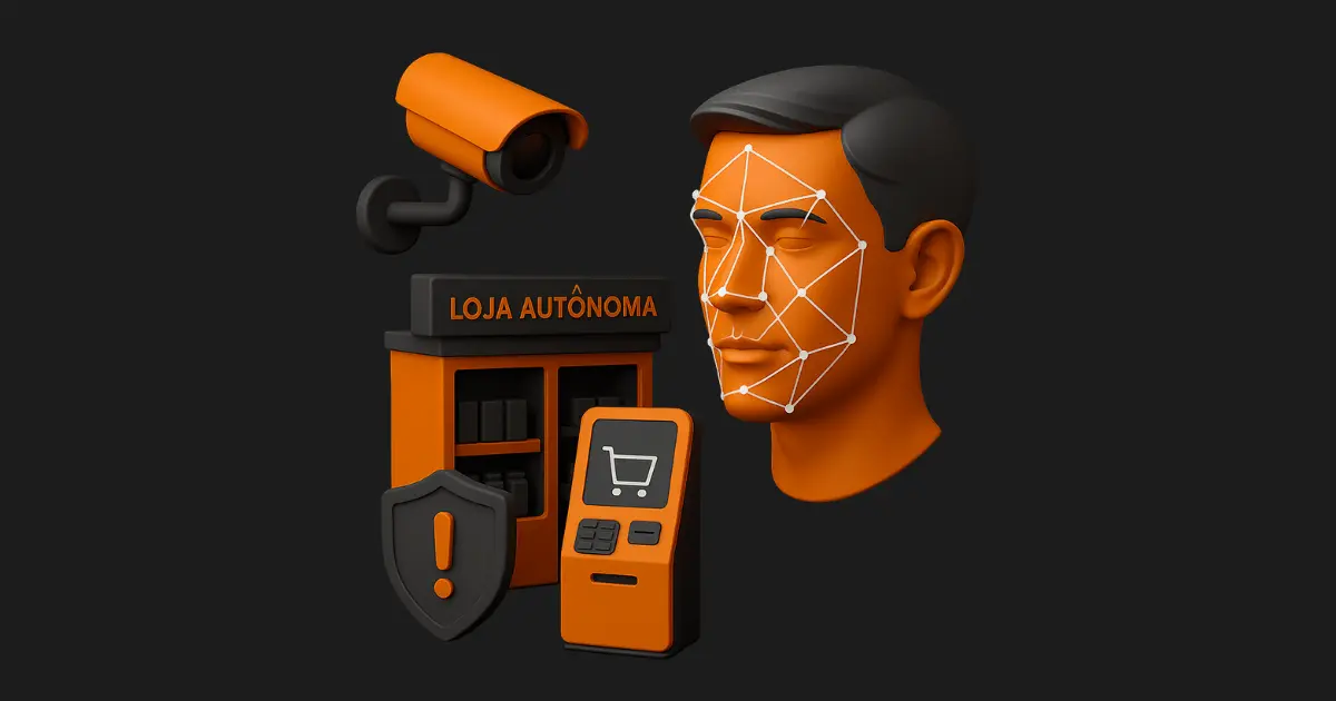 Ilustração 3D em fundo escuro com ícones de reconhecimento facial, câmera de segurança e loja autônoma, representando vantagens e cuidados legais da tecnologia.