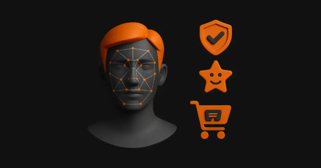 Ilustração 3D em fundo preto mostrando rosto com grade de reconhecimento facial e ícones de segurança, experiência personalizada e checkout ágil, representando os benefícios da tecnologia em lojas autônomas.