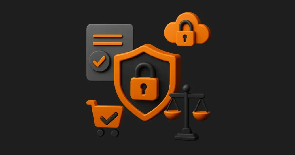 Ilustração 3D em fundo escuro com ícones de escudo com cadeado, balança da justiça, documento com check e nuvem segura, representando a proteção de dados e cuidados legais em lojas autônomas.