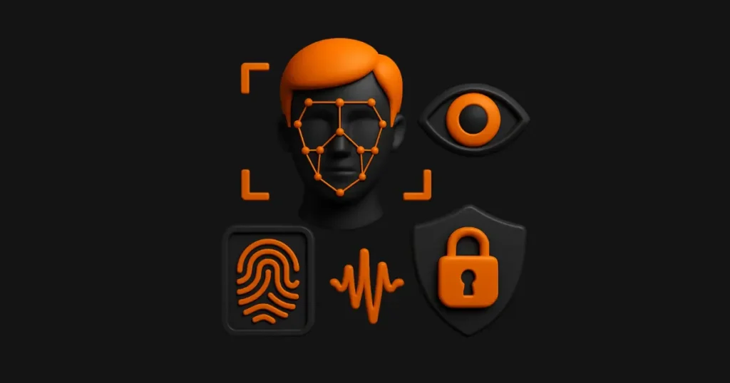 Ilustração 3D em fundo escuro mostrando rosto com reconhecimento facial, ícone de olho, impressão digital e ondas sonoras, representando o futuro da biometria no varejo autônomo.